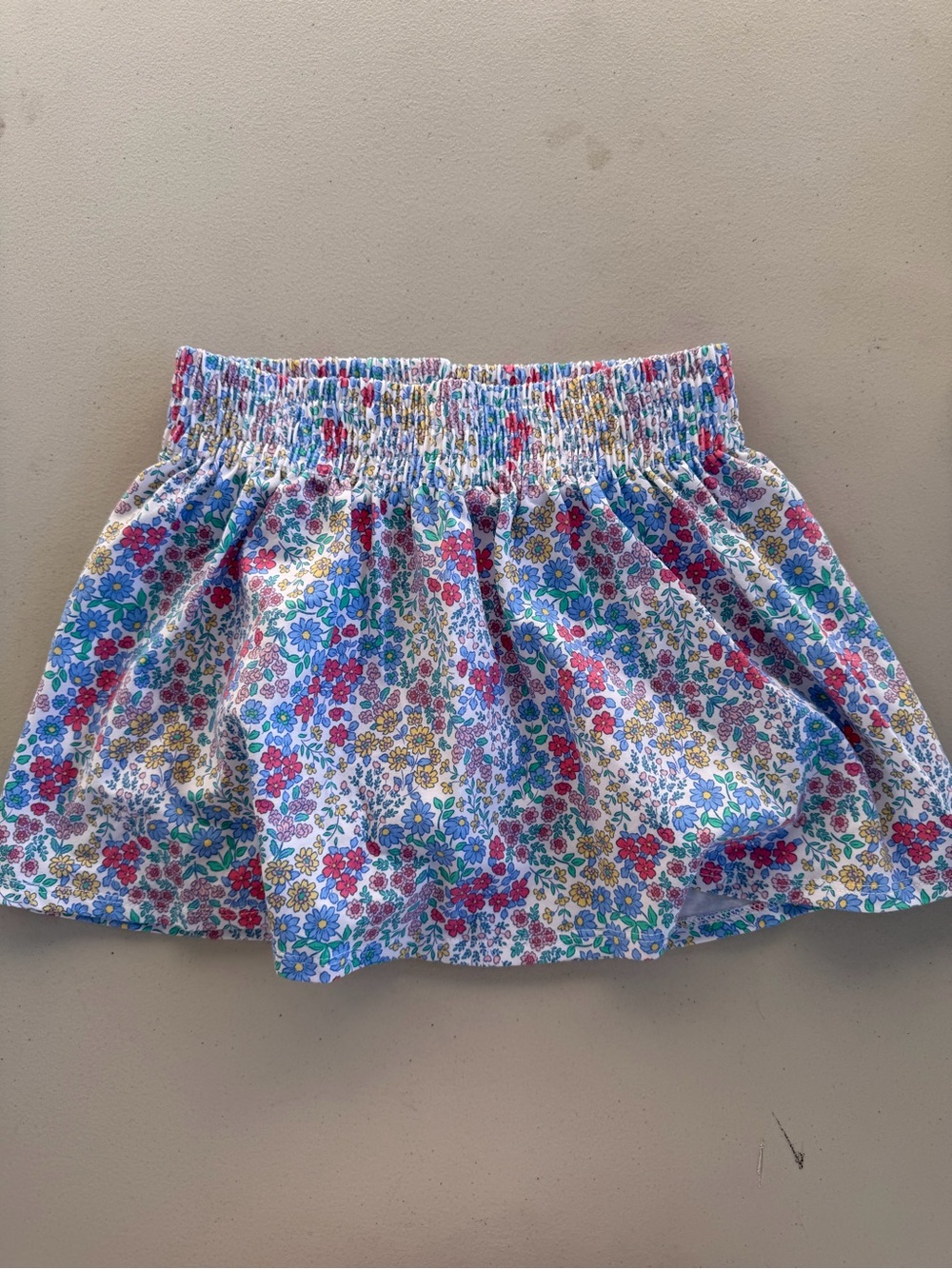Tommy Bahama White Floral Smocked Mini Skirt with Blue, Pink & Yellow Print